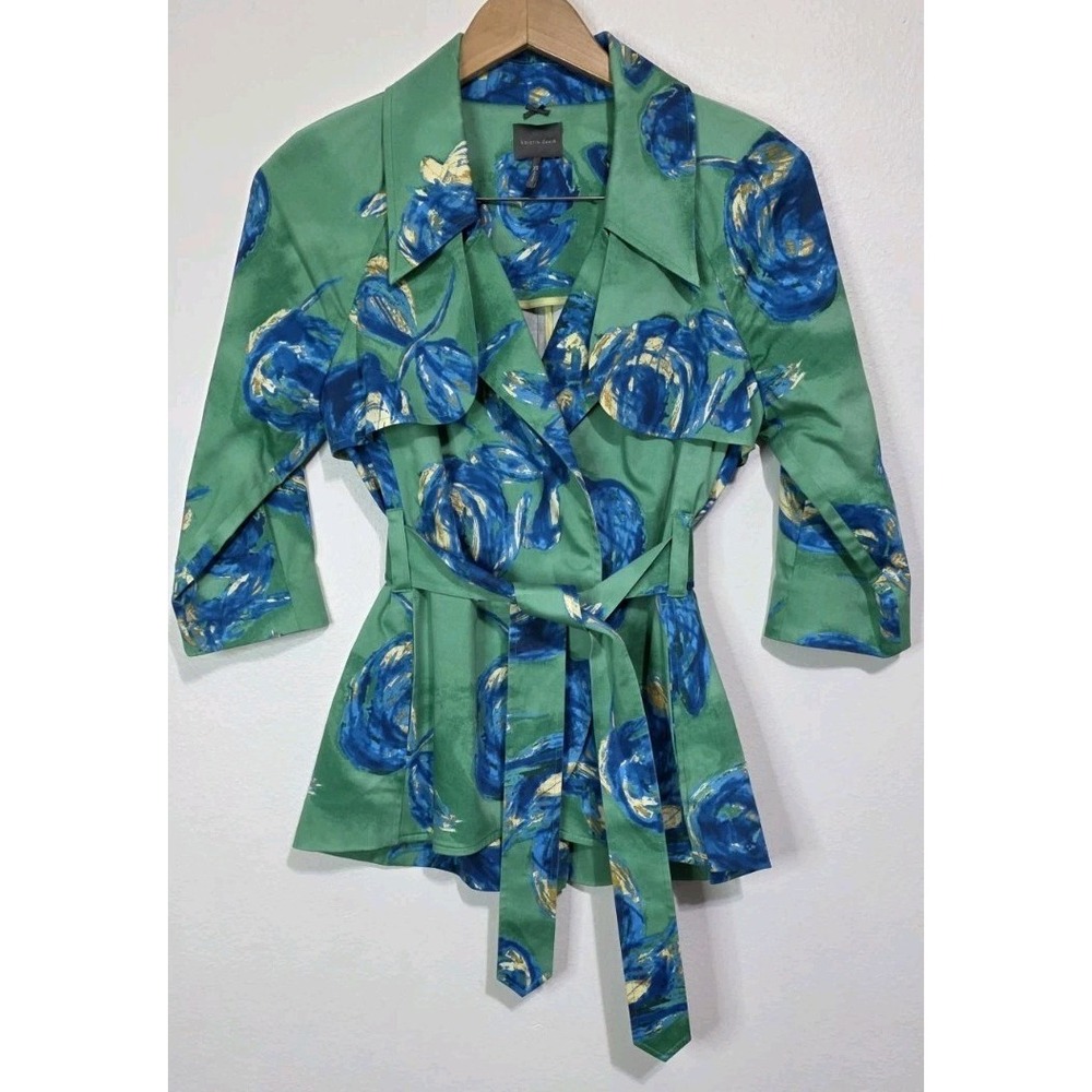 Kristin Davis Green Jacket Blue Floral XS Collared Snaps Belt Career Blazer